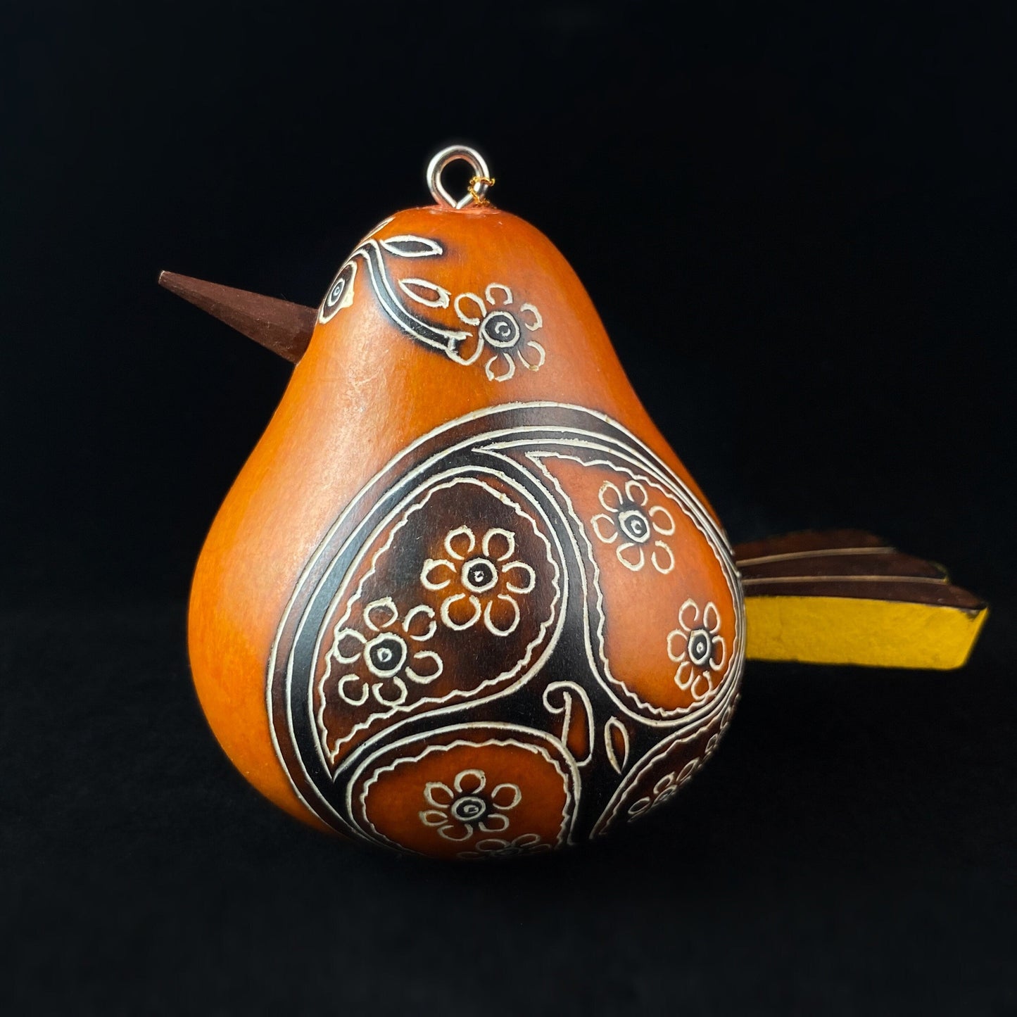 Decorative Orange Bird Ornament/Maraca - Hand-Carved and Hand Painted Peruvian Gourd
