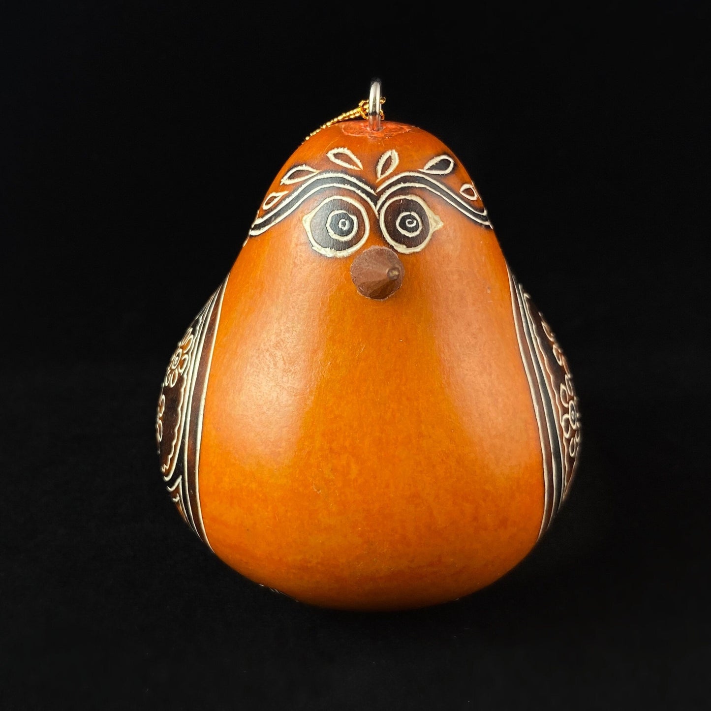 Decorative Orange Bird Ornament/Maraca - Hand-Carved and Hand Painted Peruvian Gourd