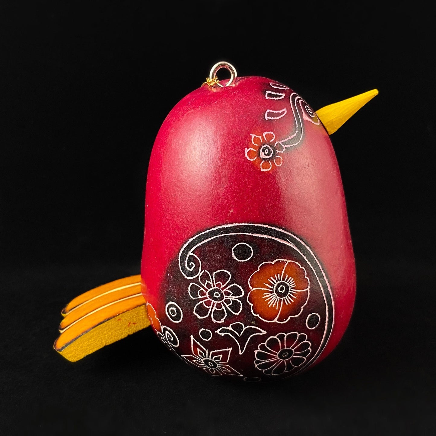 Decorative Red Bird Ornament/Maraca - Hand-Carved and Hand Painted Peruvian Gourd