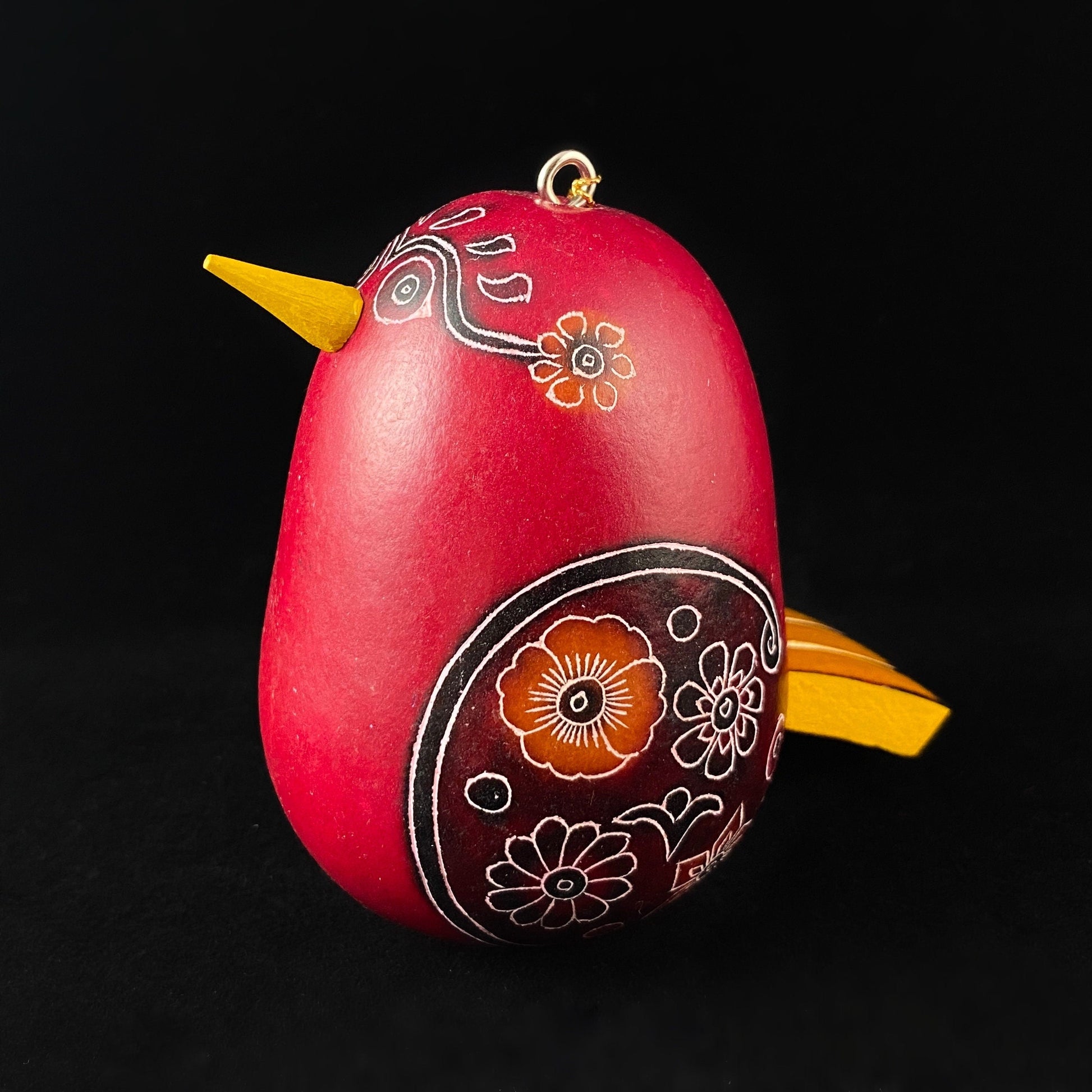 Decorative Red Bird Ornament/Maraca - Hand-Carved and Hand Painted Peruvian Gourd