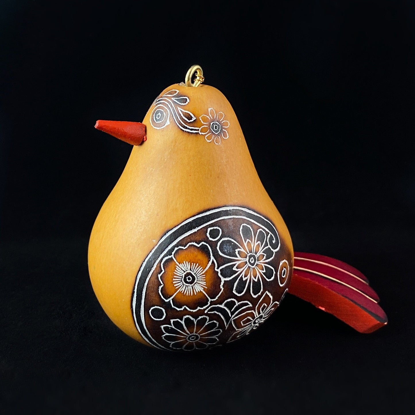 Decorative Yellow Bird Ornament/Maraca - Hand-Carved and Hand Painted Peruvian Gourd