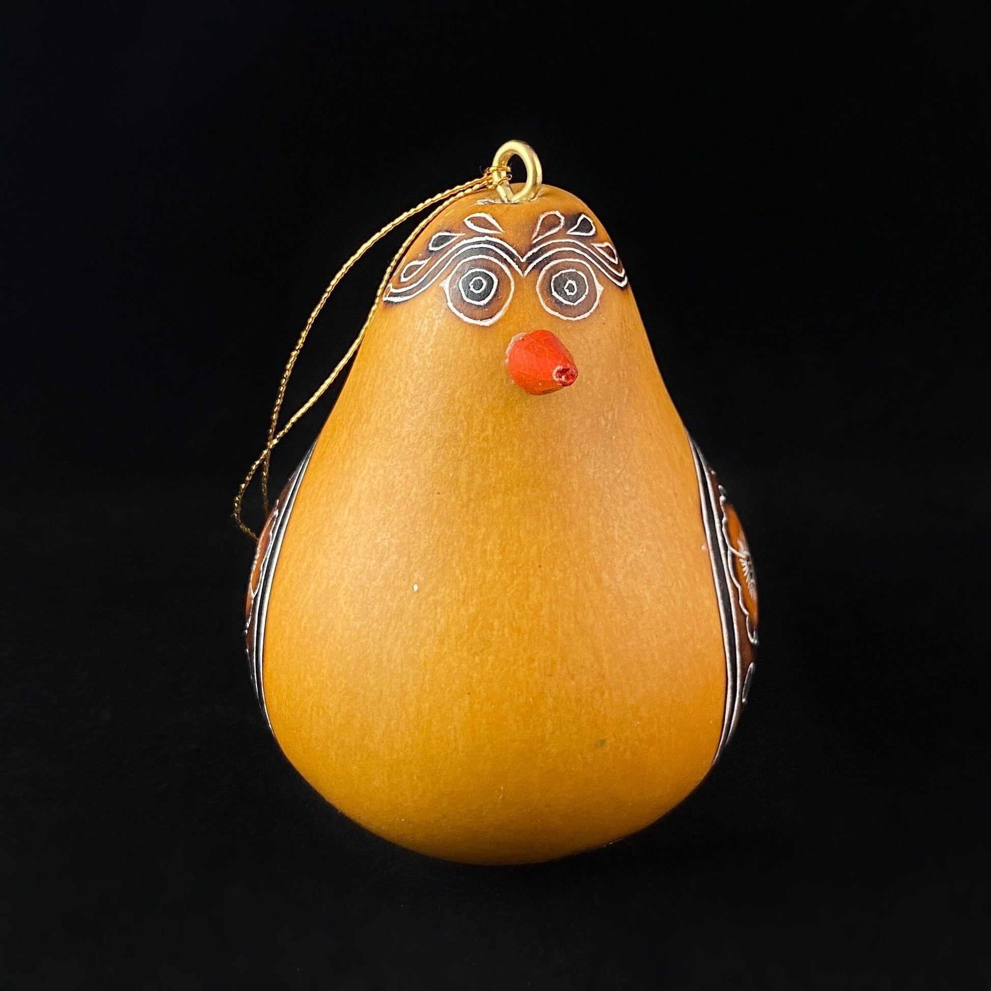 Decorative Yellow Bird Ornament/Maraca - Hand-Carved and Hand Painted Peruvian Gourd