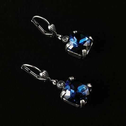 Deep Blue Square Cut Swarovski Crystal Drop Earrings - La Vie Parisienne by Catherine Popesco