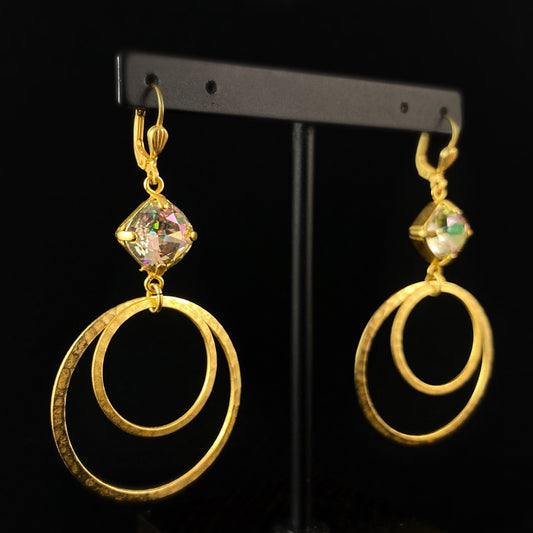 Double Gold Hoop Earrings with White Triangle Swarovski Crystals - La Vie Parisienne by Catherine Popesco