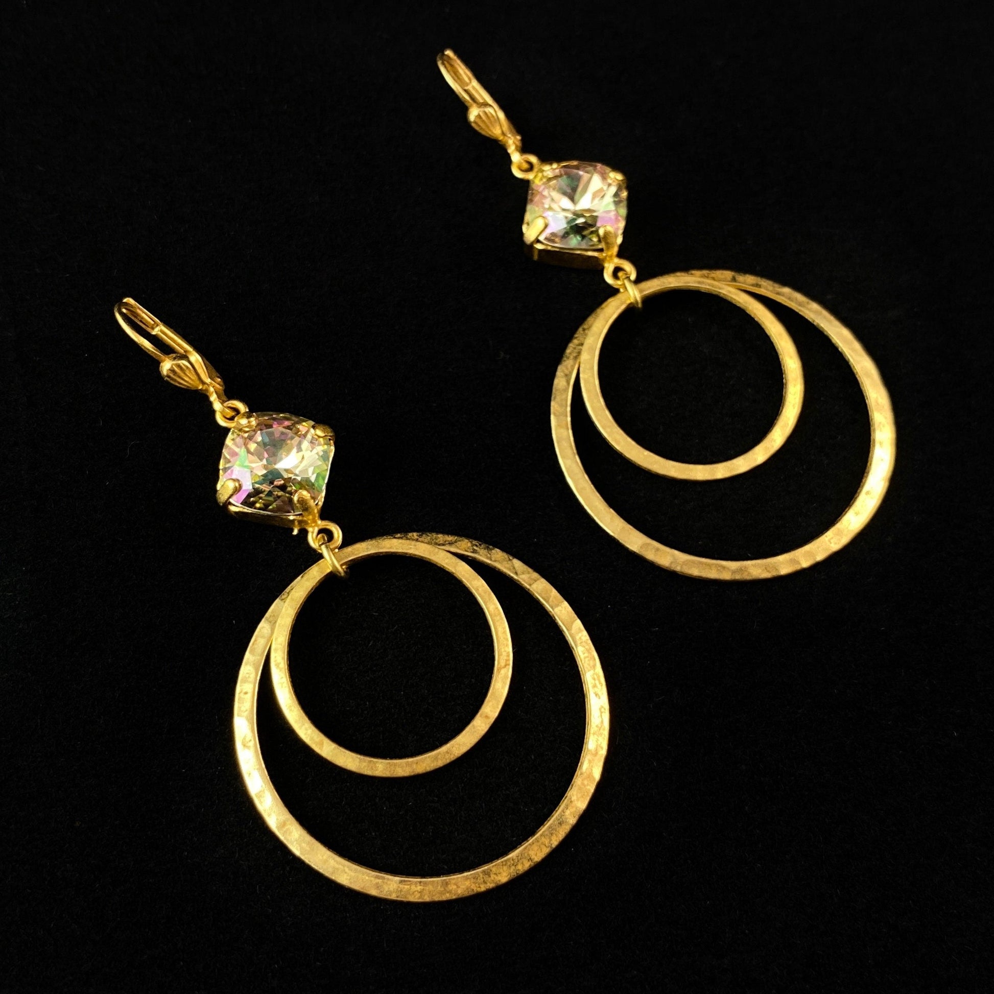 Double Gold Hoop Earrings with White Triangle Swarovski Crystals - La Vie Parisienne by Catherine Popesco