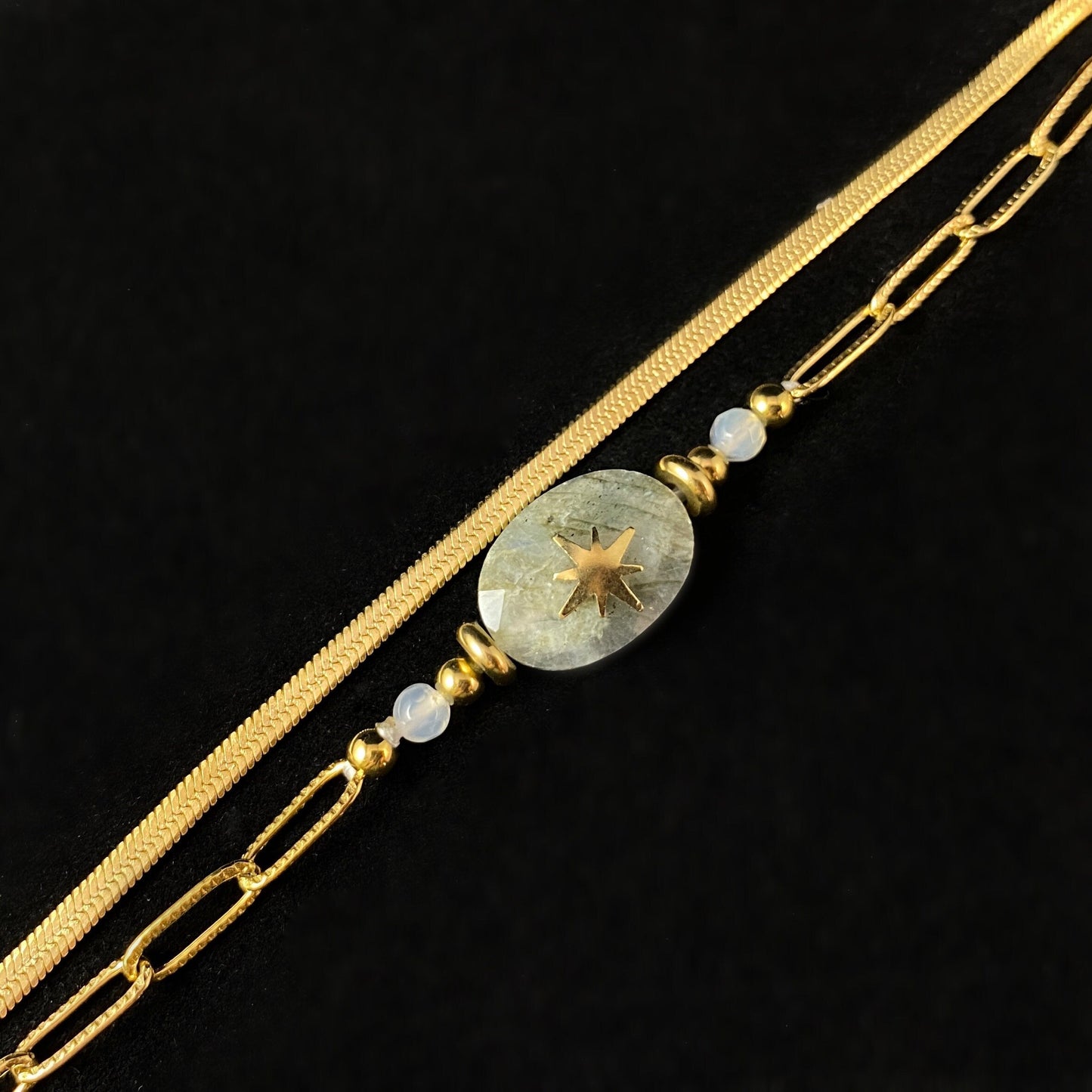 Double Strand Pastel Green Oval Shaped Natural Stone Bracelet with Gold Sunburst Accent