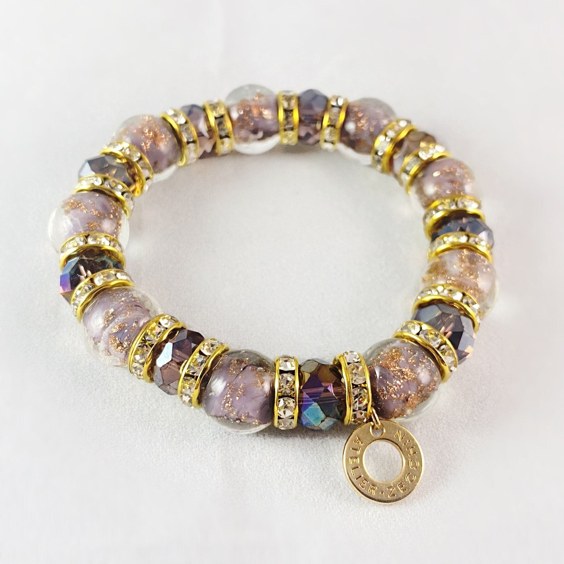 Dusty Mauve Beaded Venetian Glass Bracelet - Handmade in Italy, Colorful Murano Glass