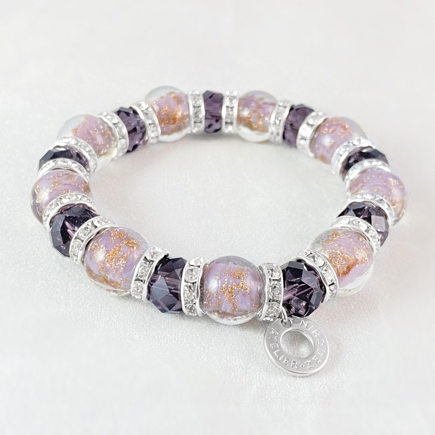 Dusty Mauve Beaded Venetian Glass Bracelet, Silver - Handmade in Italy, Colorful Murano Glass