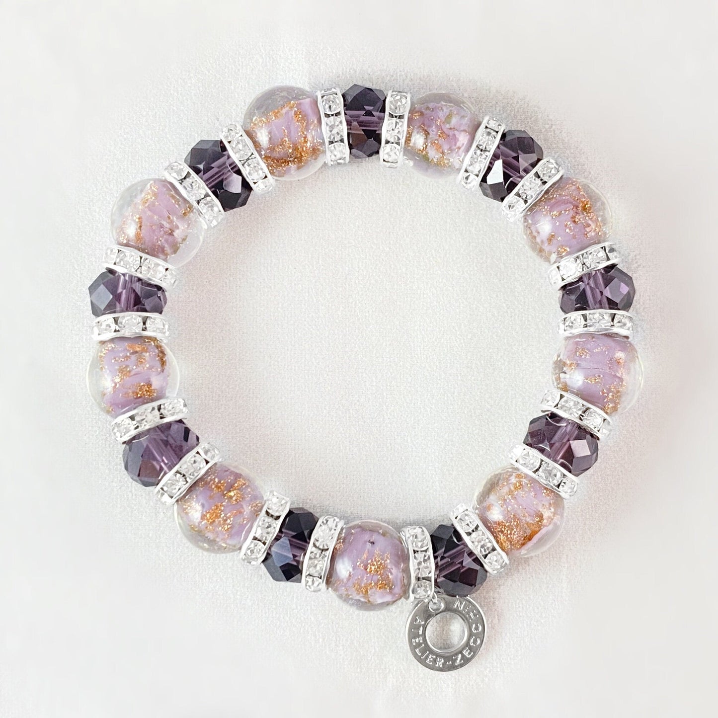 Dusty Mauve Beaded Venetian Glass Bracelet, Silver - Handmade in Italy, Colorful Murano Glass