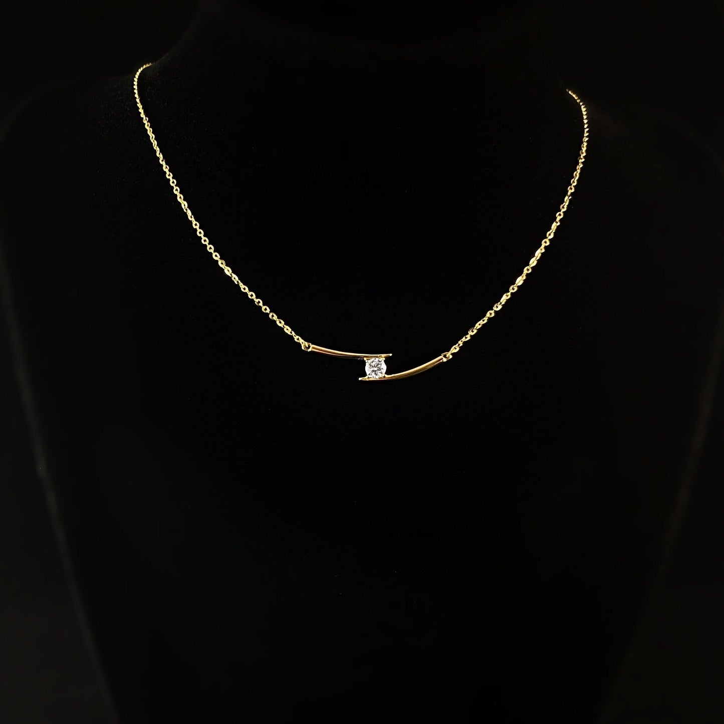 Elegant Dainty Gold Bar Necklace with Round Clear Crystal - Genevive