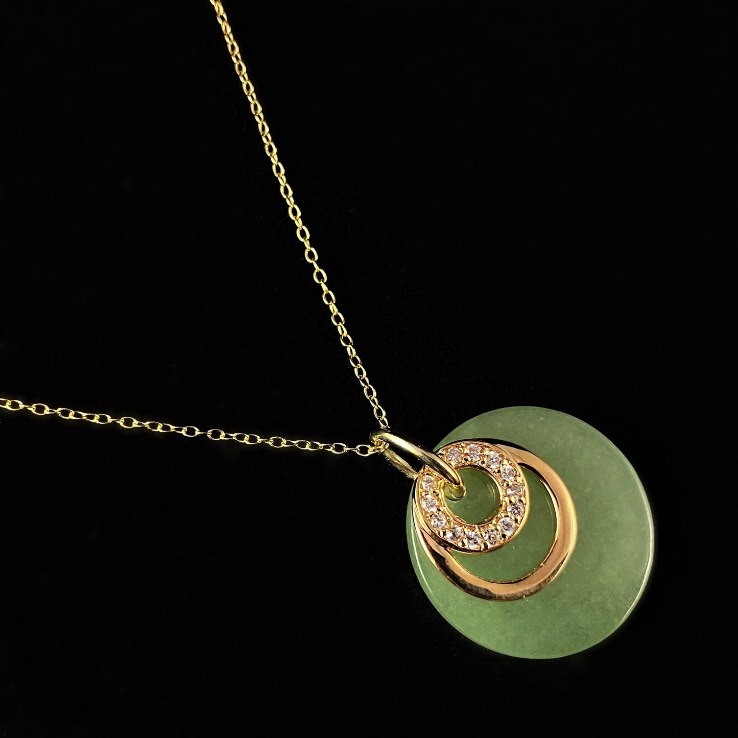 Elegant Dainty Gold Necklace with Round Jade Pendant and Gold Discs- Genevive