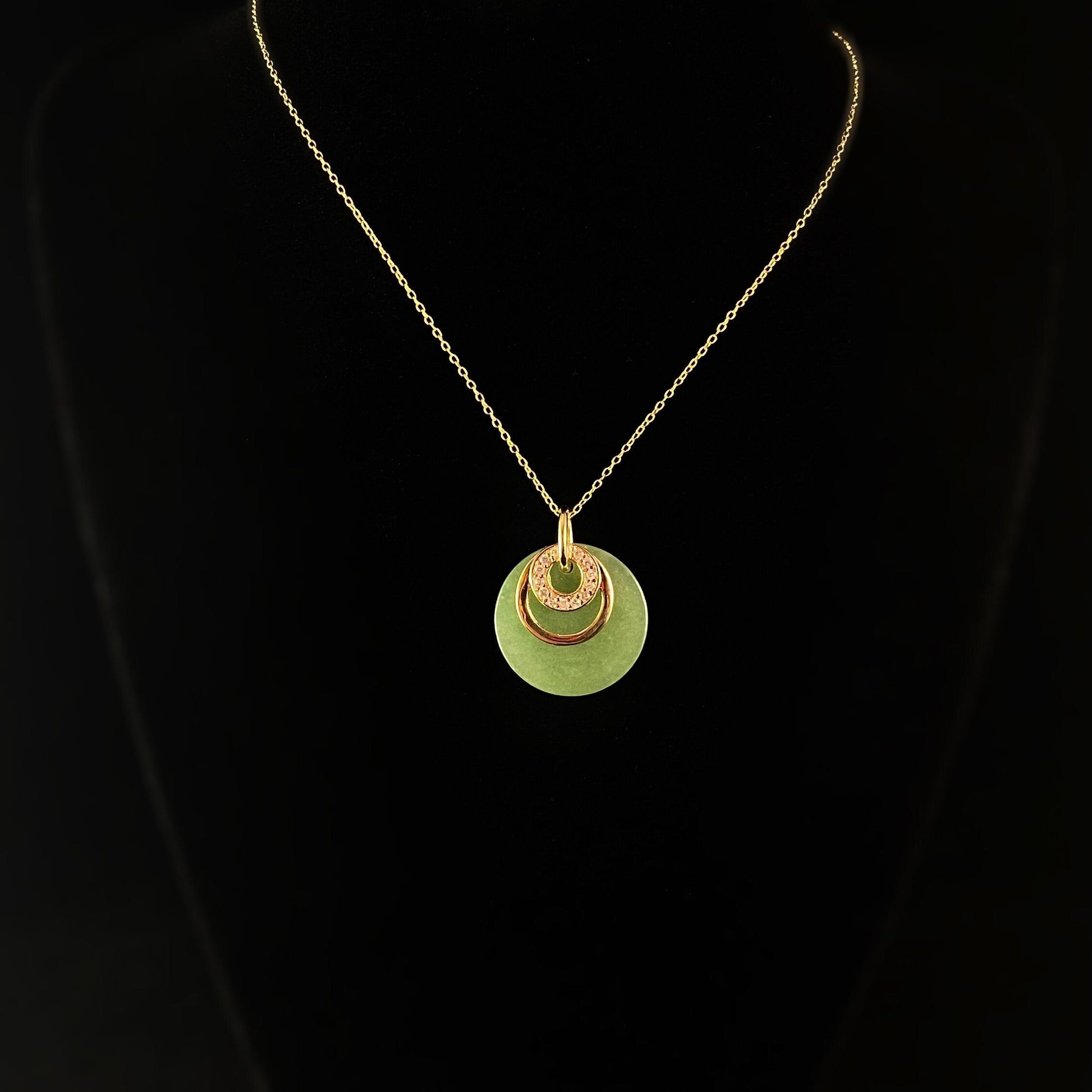 Elegant Dainty Gold Necklace with Round Jade Pendant and Gold Discs- Genevive