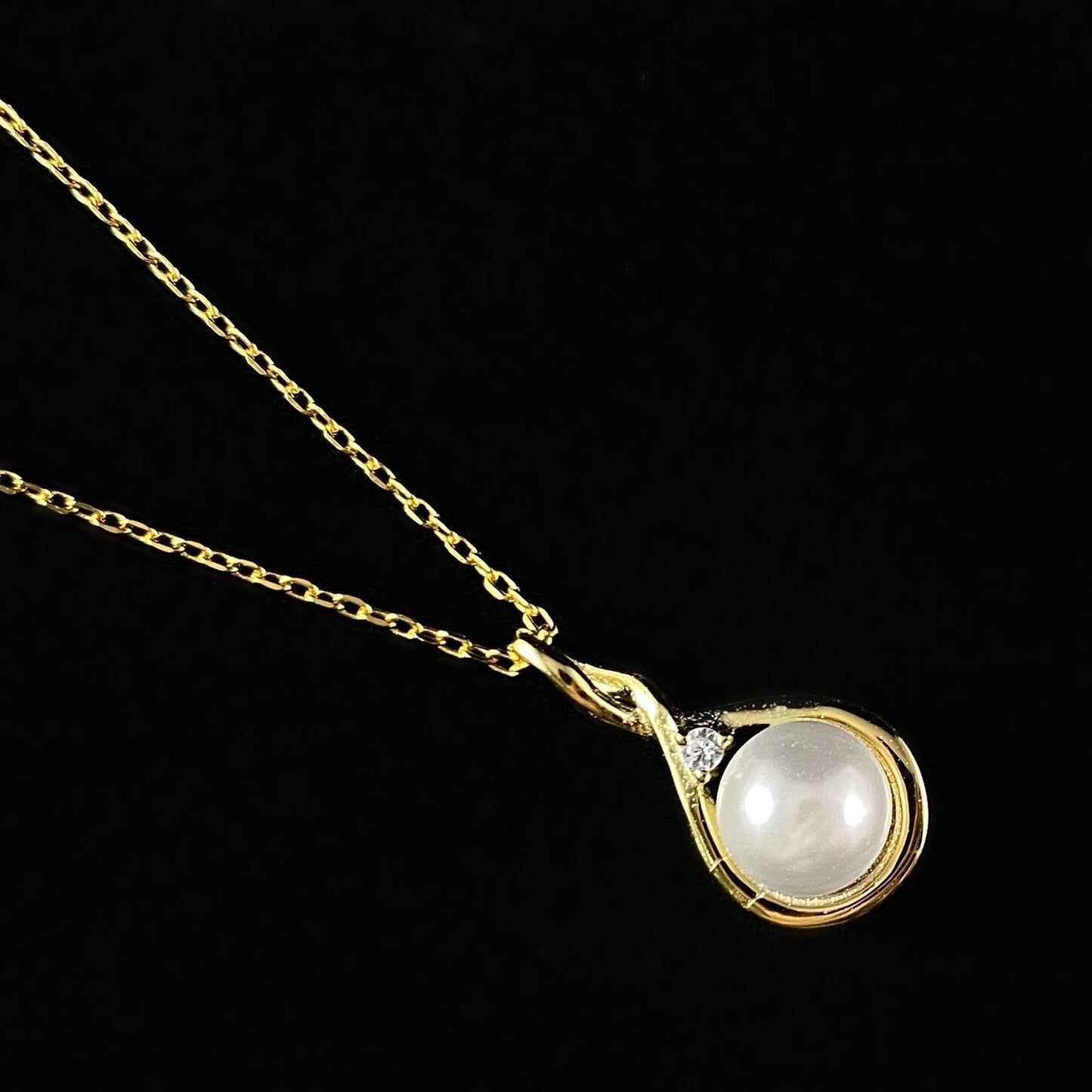 Elegant Dainty Gold Pendant Necklace with Round Clear Crystal and Faux Pearl - Genevive