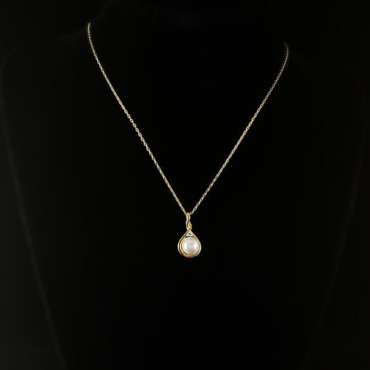 Elegant Dainty Gold Pendant Necklace with Round Clear Crystal and Faux Pearl - Genevive