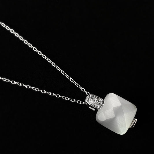 Elegant Dainty Sterling Silver Necklace with Square Milky Crystal Pendant w/ Clear Crystal Accents- Genevive