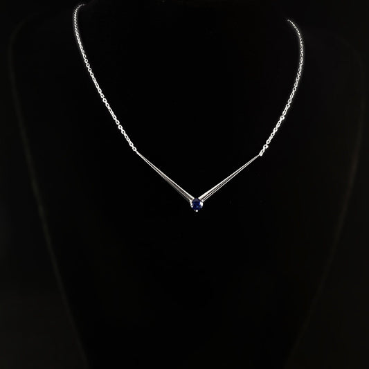 Elegant Dainty Stirling Silver Necklace with V-shaped pendant and Blue Crystal - Genevive