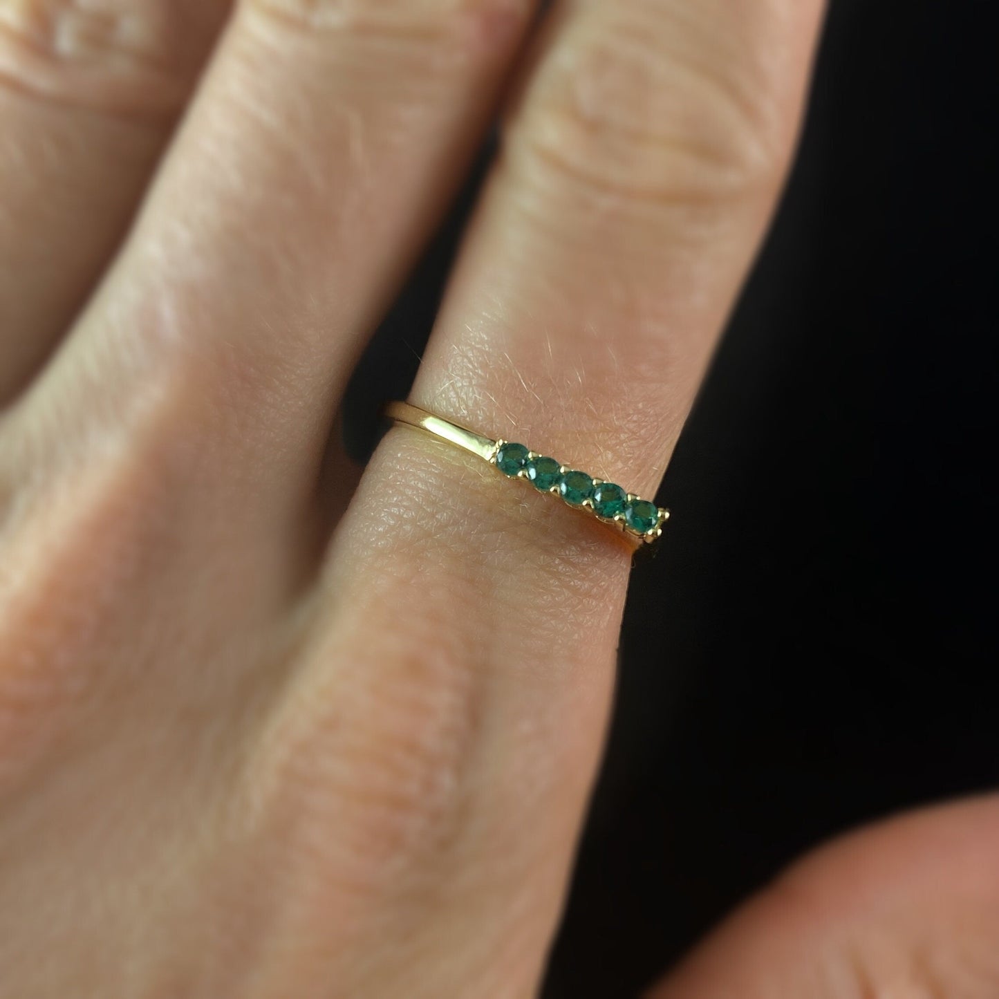 Elegant Gold Ring with Five Dainty Green Crystals - Size 7, Genevive