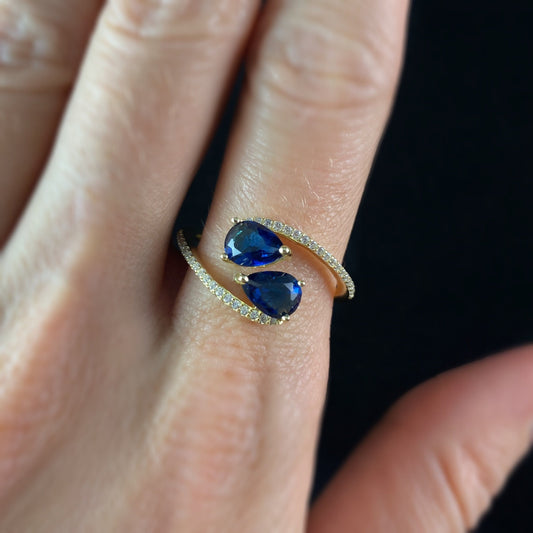 Elegant Gold Ring with Two Sapphire Blue Crystals - Size 8, Genevive