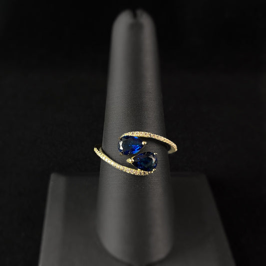 Elegant Gold Ring with Two Sapphire Blue Crystals - Size 8, Genevive