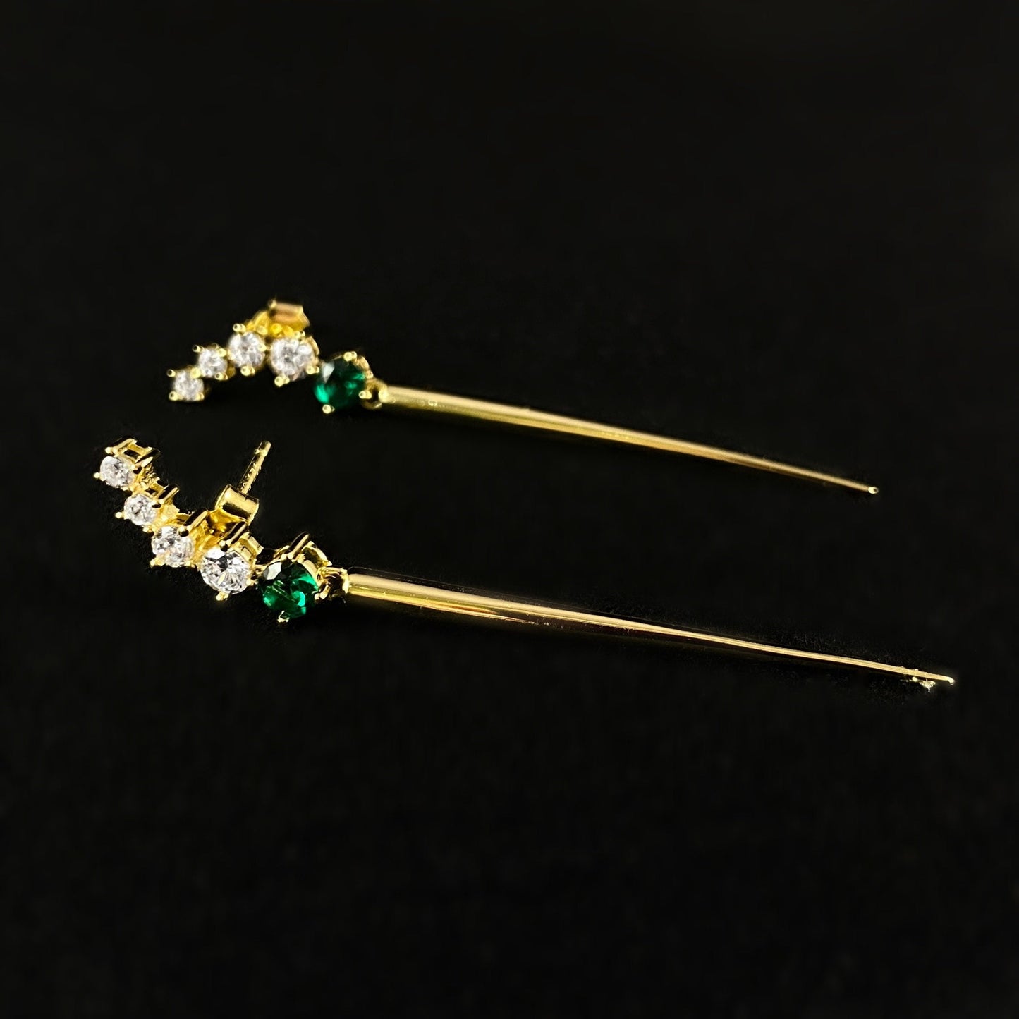 Elegant Gold Spike Earrings with Round Green and Clear Crystal Accents - Genevive