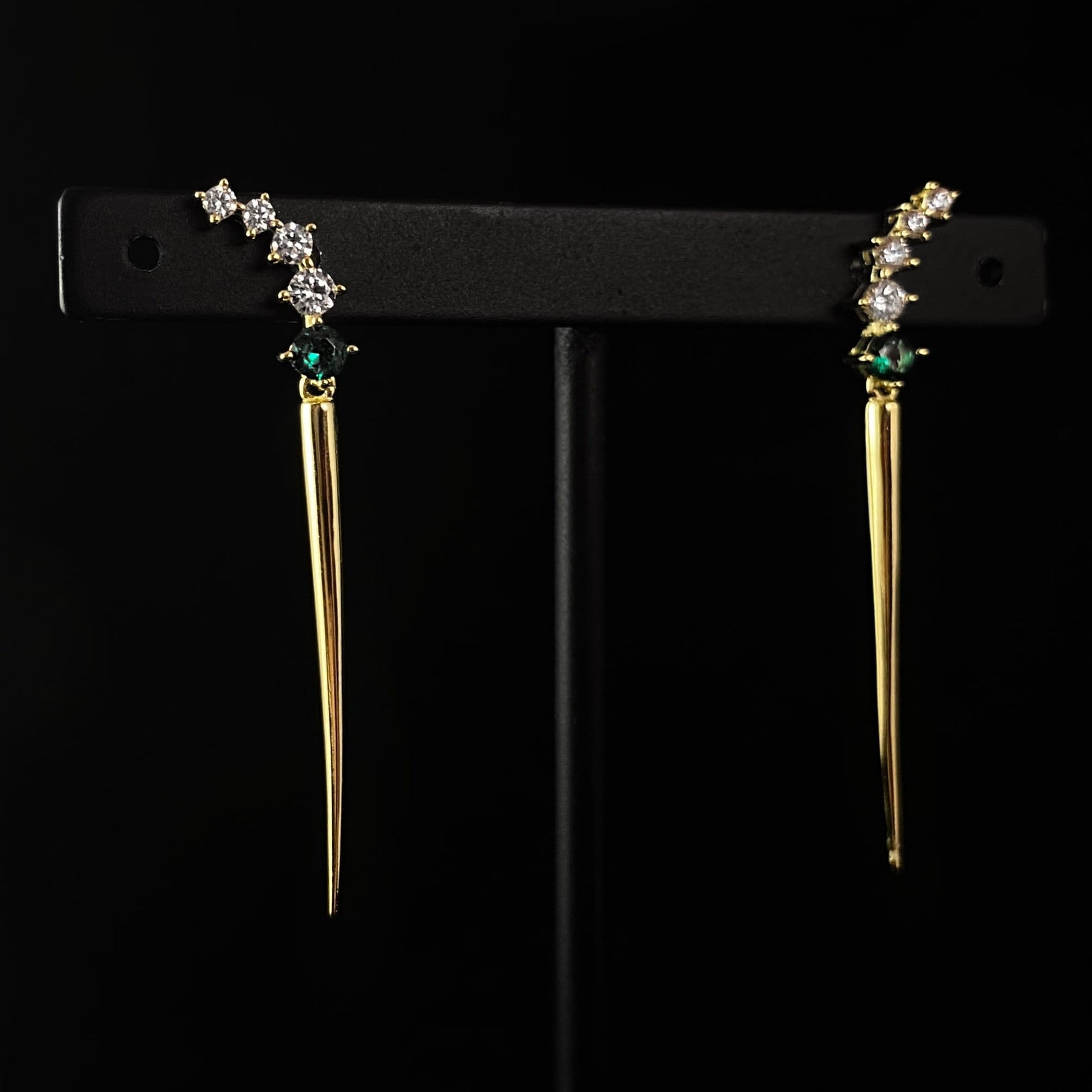 Elegant Gold Spike Earrings with Round Green and Clear Crystal Accents - Genevive