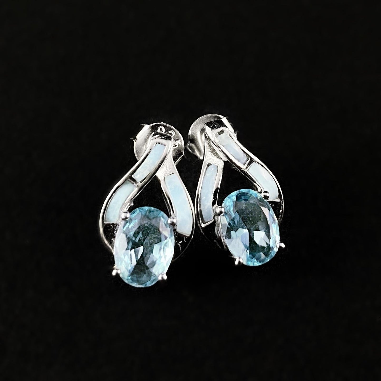 Elegant Oval Sterling Silver Earrings with Natural Larimar Stones and Aquamarine