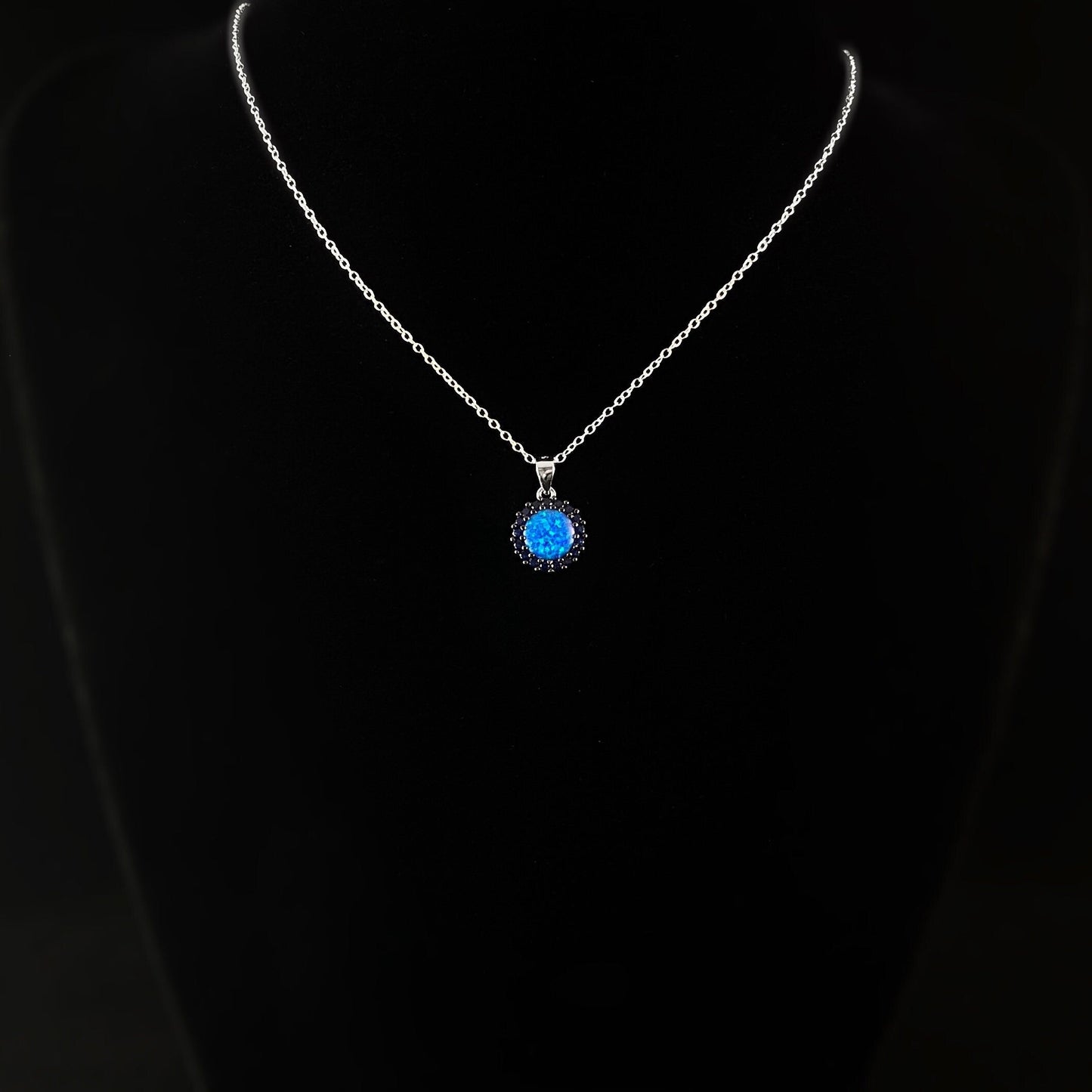 Elegant Silver Necklace with Opalescent Blue Crystal - Genevive