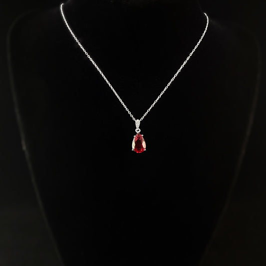 Elegant Silver Necklace with Ruby Red Teardrop Crystal - Genevive
