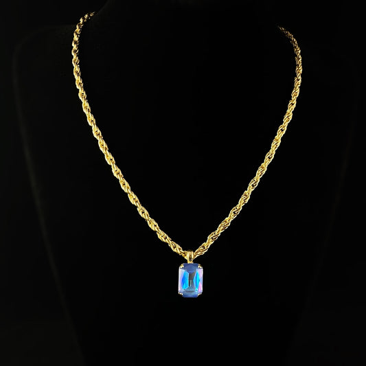 Emerald Cut Blue Crystal Pendant Rope Chain Necklace