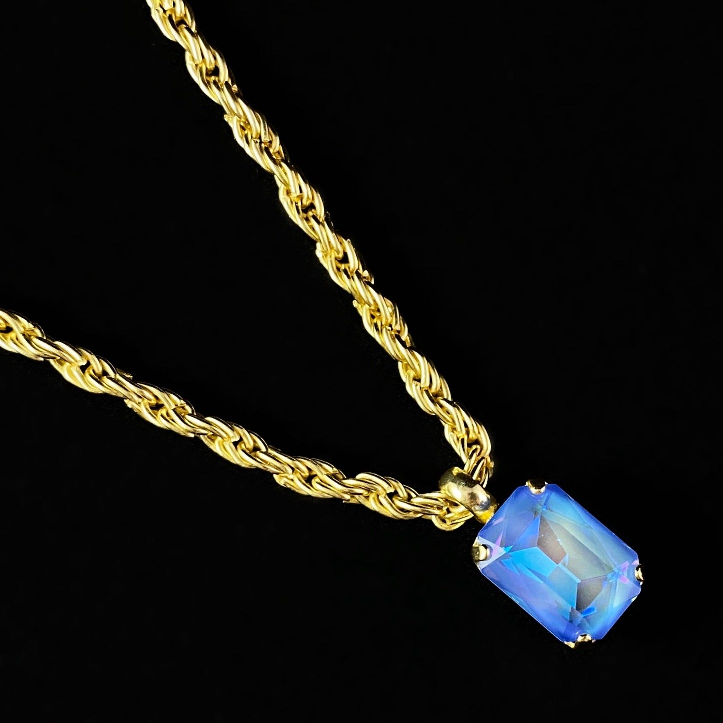 Emerald Cut Blue Crystal Pendant Rope Chain Necklace