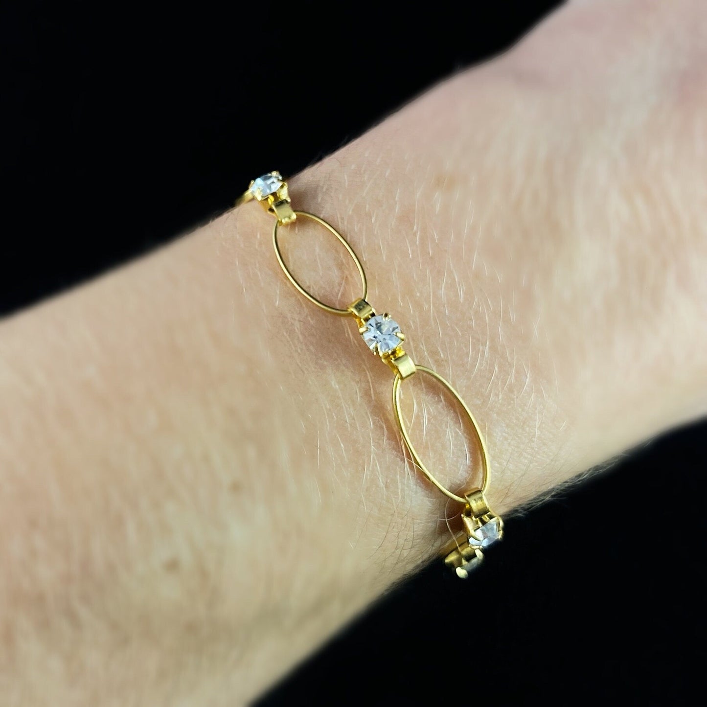 Eyelet Gold Chain Bracelet with Clear Swarovski Crystals - La Vie Parisienne by Catherine Popesco