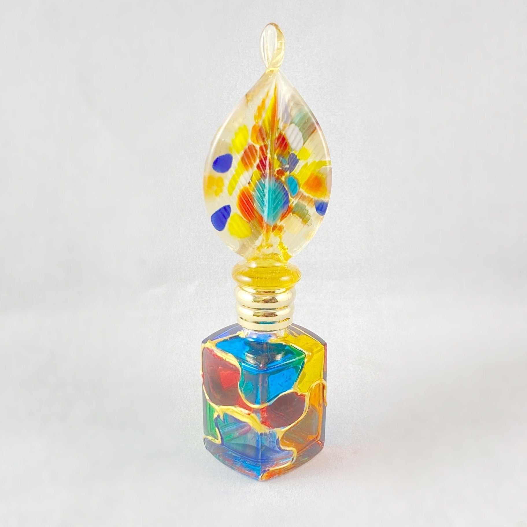 Feather Top Venetian Glass Perfume Bottle - Handmade in Italy, Colorful Murano Glass