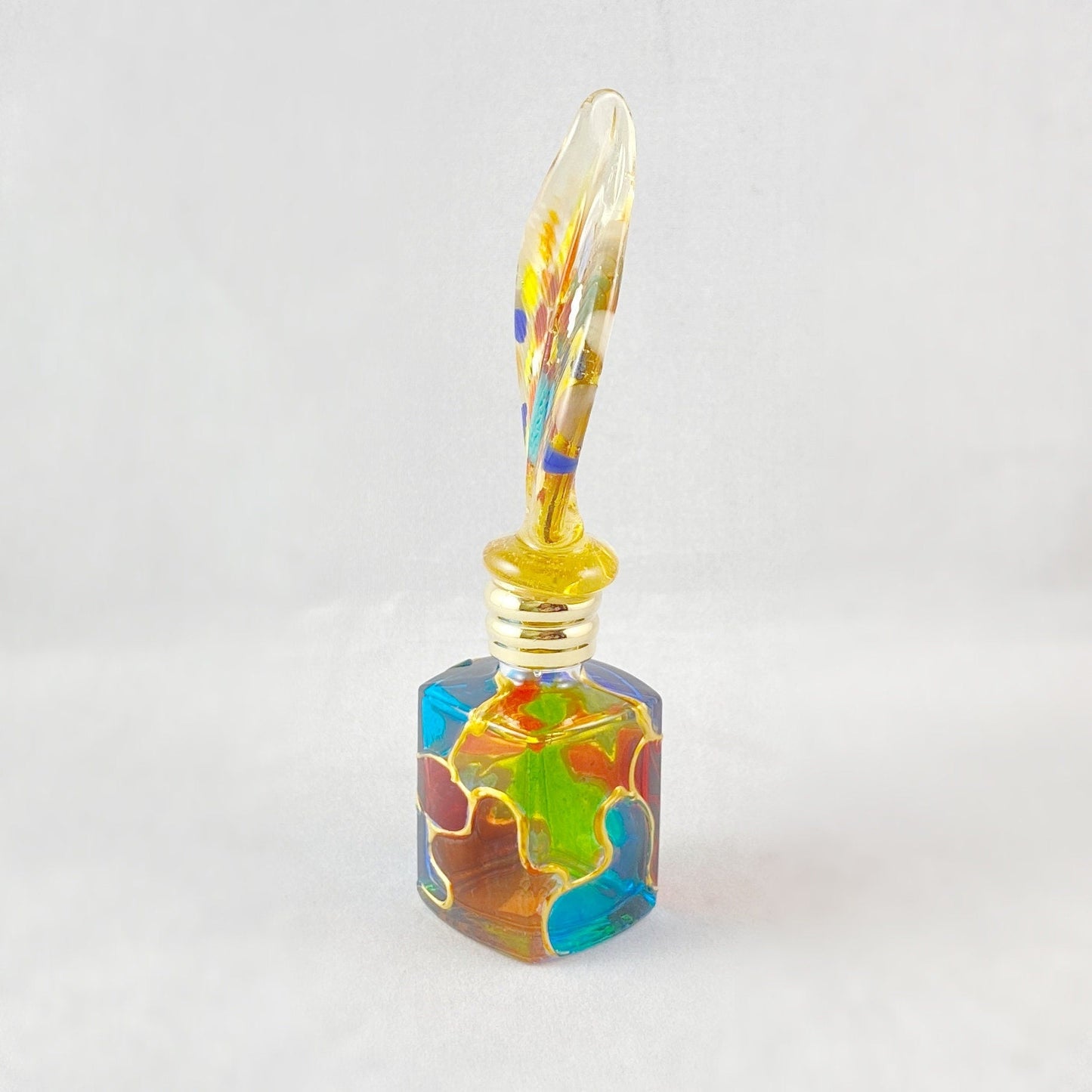 Feather Top Venetian Glass Perfume Bottle - Handmade in Italy, Colorful Murano Glass