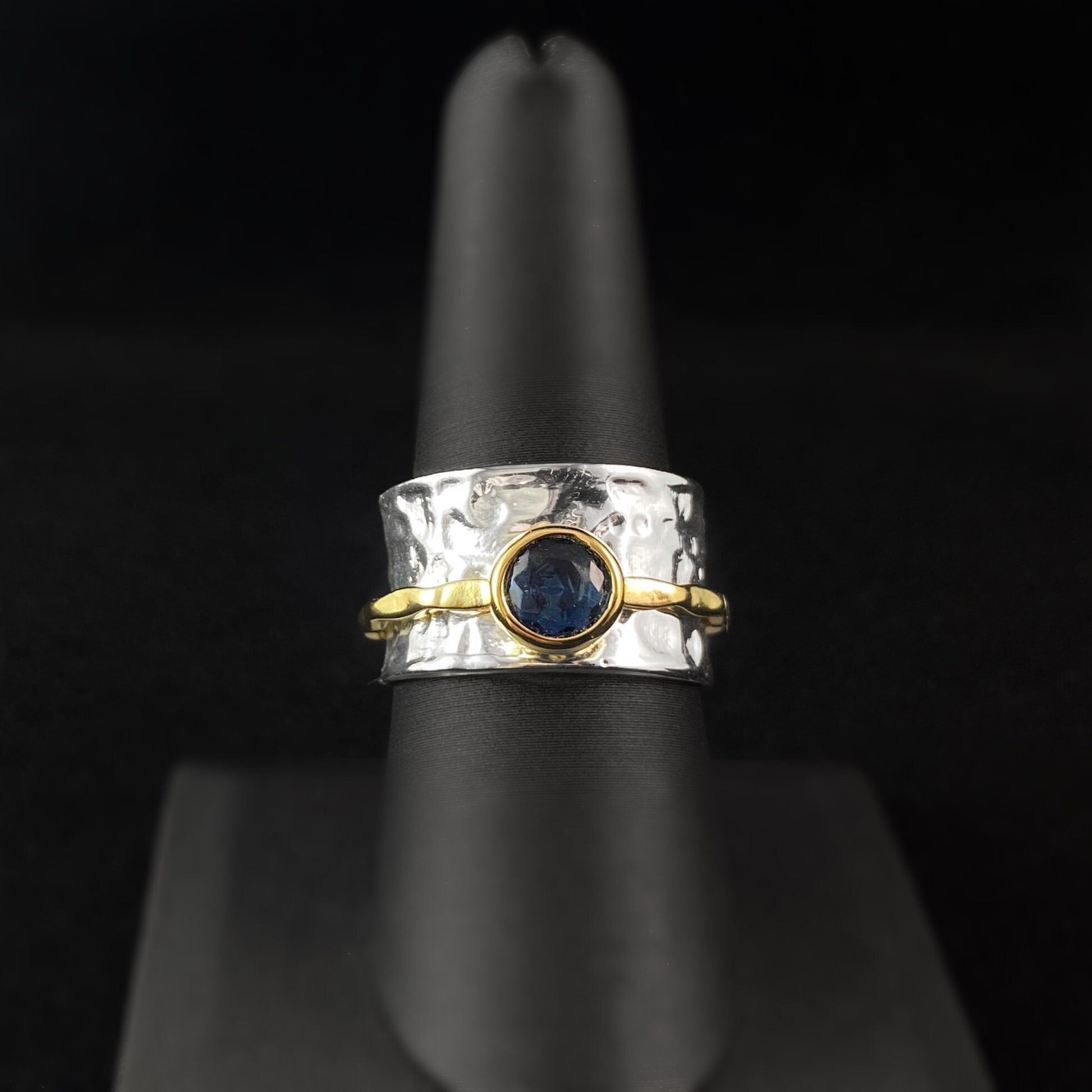 Fidget Ring with Hammered Sterling Silver Band and 14kt Gold Plated Spinner with Blue Crystal, Size 7