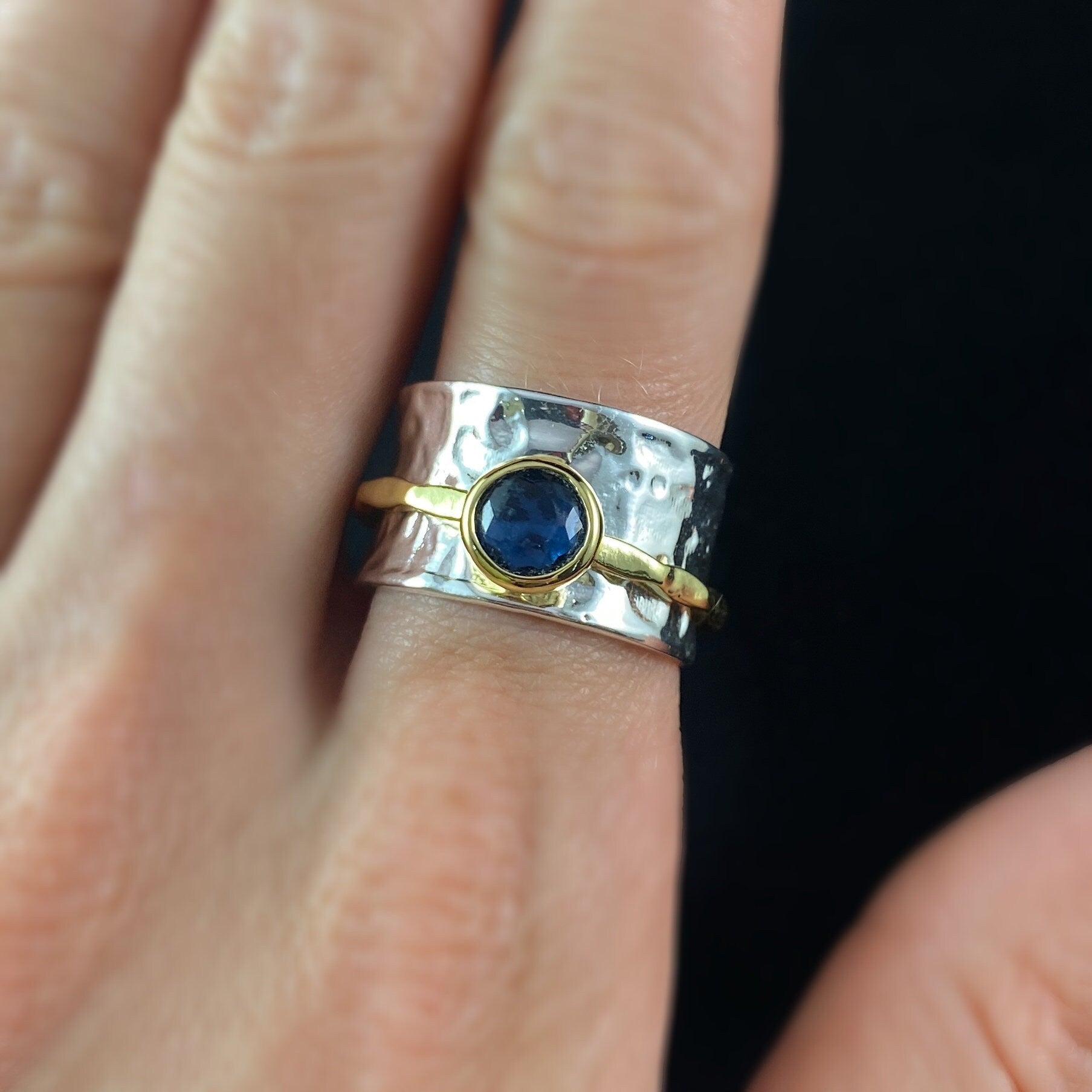 Fidget Ring with Hammered Sterling Silver Band and 14kt Gold Plated Spinner with Blue Crystal, Size 7