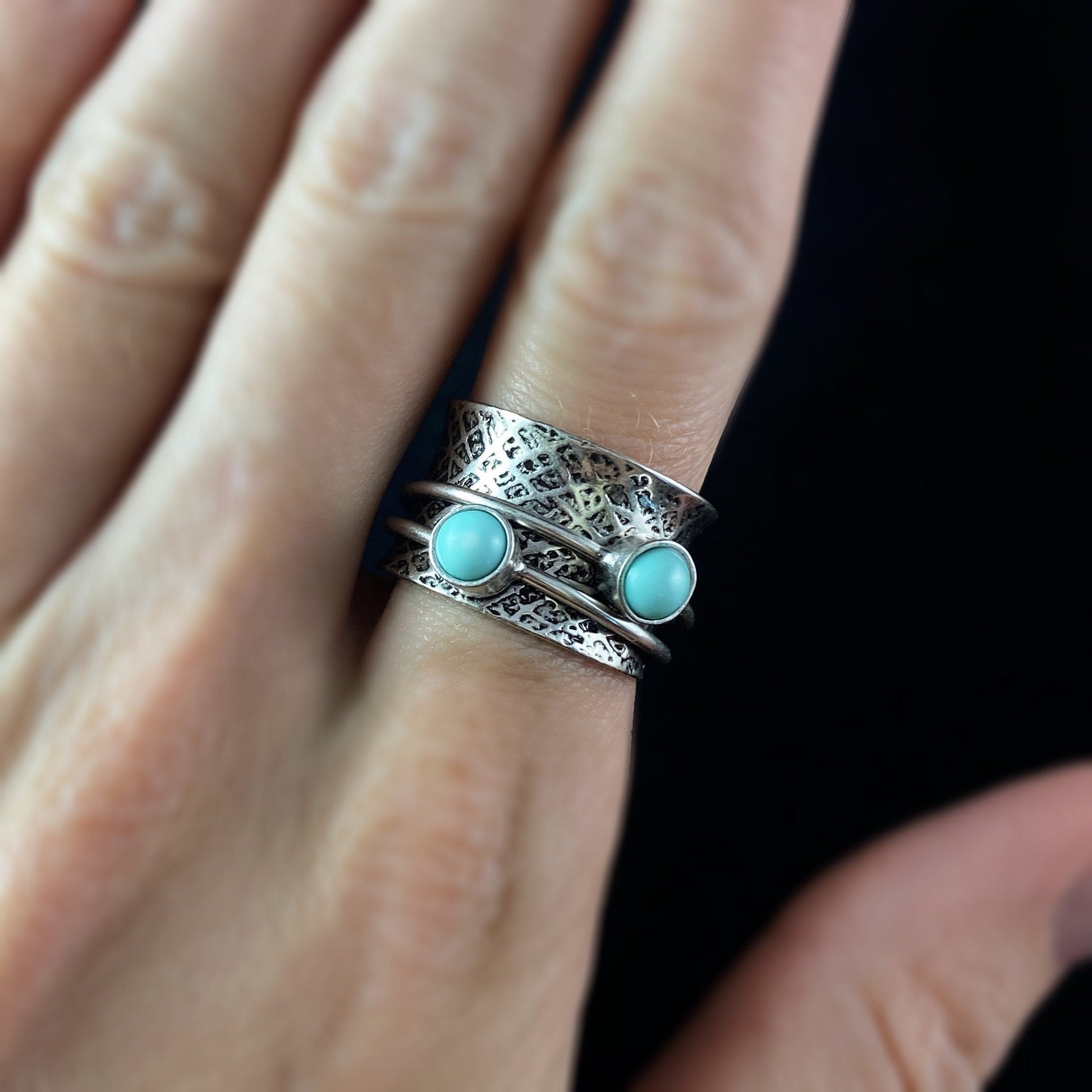 Fidget Ring with Hammered Sterling Silver Band and Two Band Spinner ...