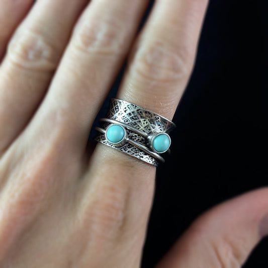 Fidget Ring with Hammered Sterling Silver Band and Two Band Spinner with Amazonite Stones
