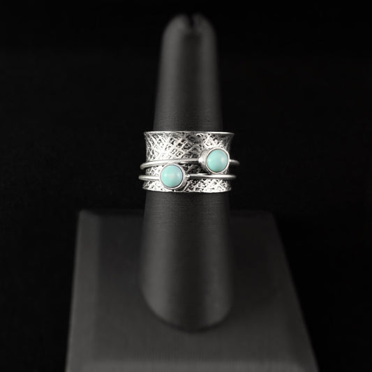 Fidget Ring with Hammered Sterling Silver Band and Two Band Spinner with Amazonite Stones