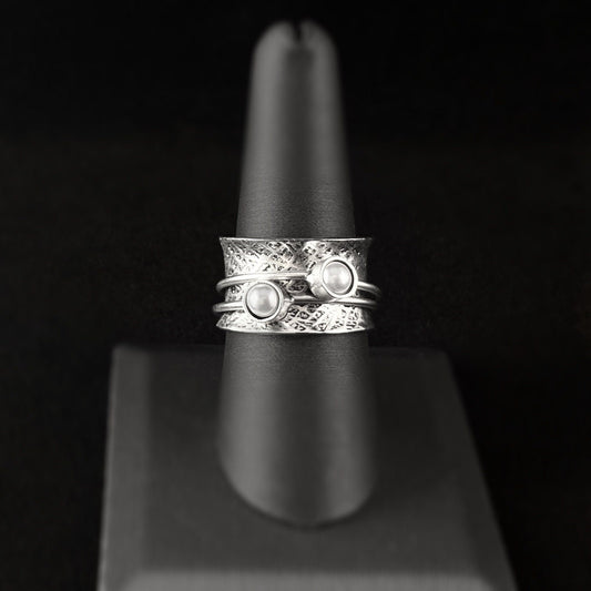 Fidget Ring with Hammered Sterling Silver Band and Two Band Spinner with Freshwater Pearls