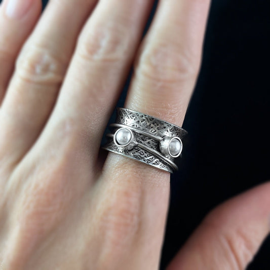 Fidget Ring with Hammered Sterling Silver Band and Two Band Spinner with Freshwater Pearls