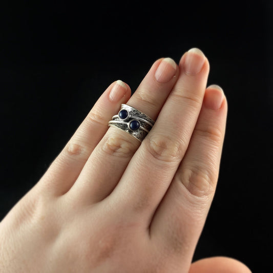 Fidget Ring with Hammered Sterling Silver Band and Two Band Spinner with Lapis Stones