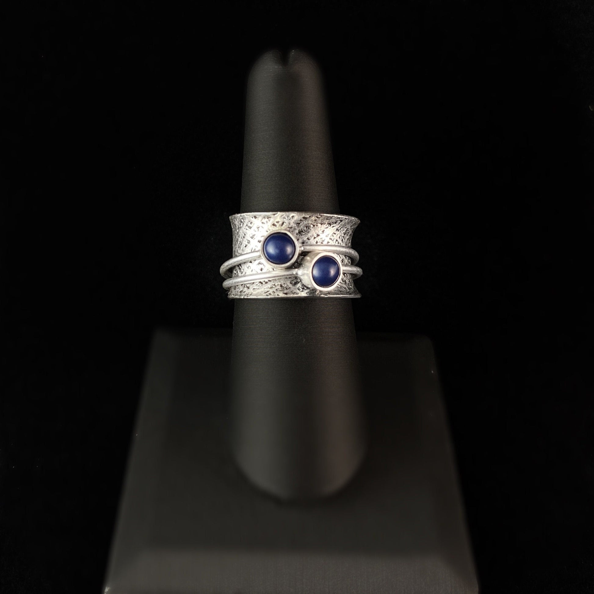 Fidget Ring with Hammered Sterling Silver Band and Two Band Spinner with Lapis Stones