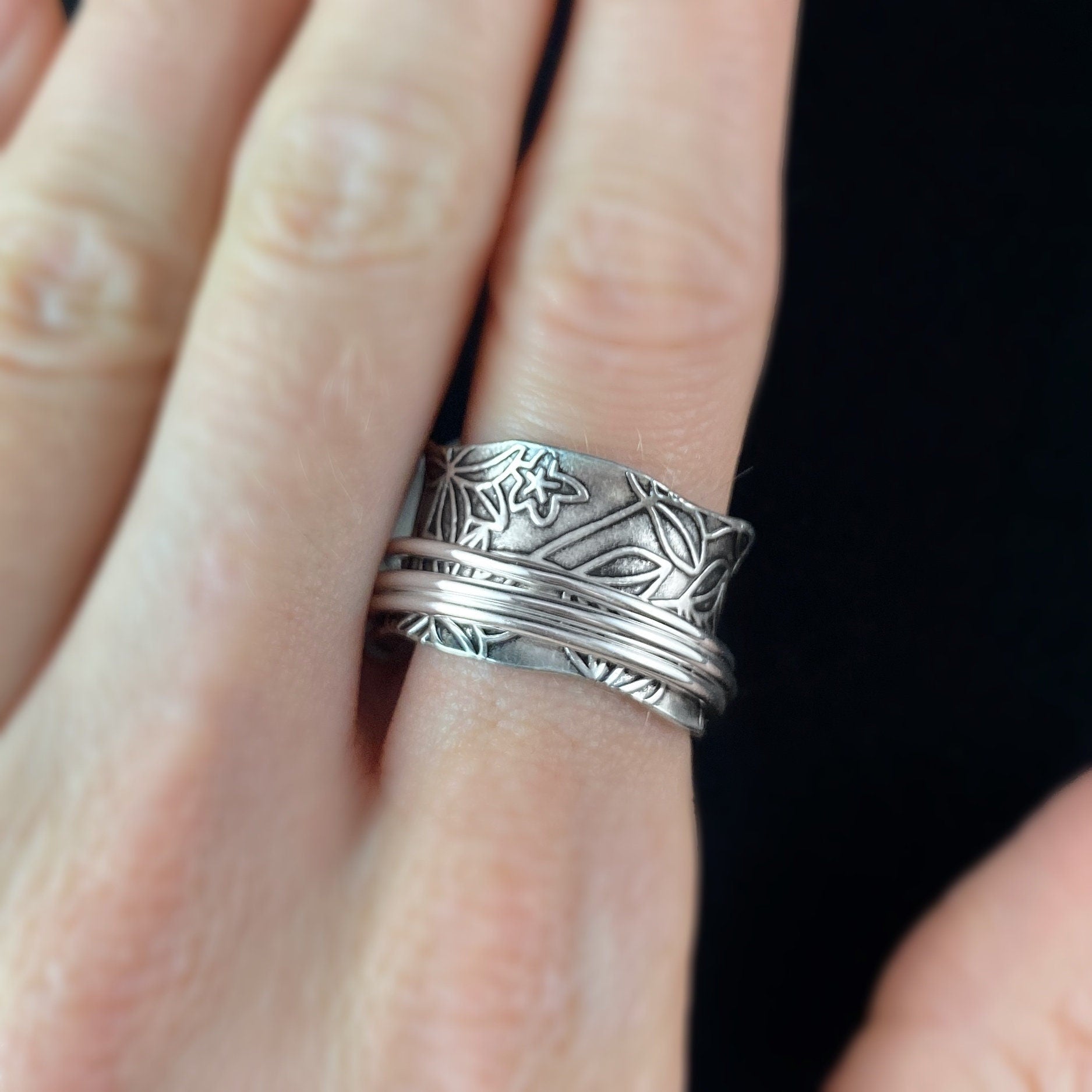Fidget Ring with Sterling Silver Floral Detail Band and Three Band Spinner, Size 9