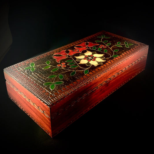 Floral Patterned Jewelry Box, Handmade Hinged Wooden Treasure Box