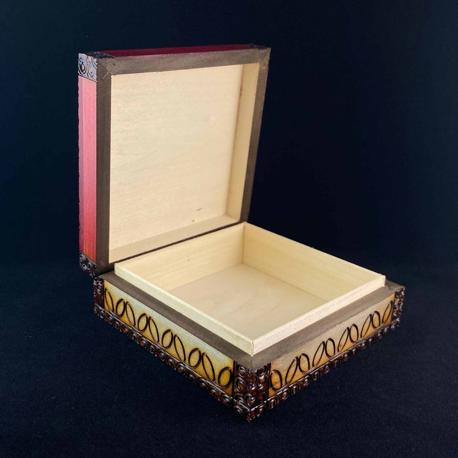Floral Patterned Jewelry Box With Brass Inlays, Handmade Hinged Wooden Treasure Box