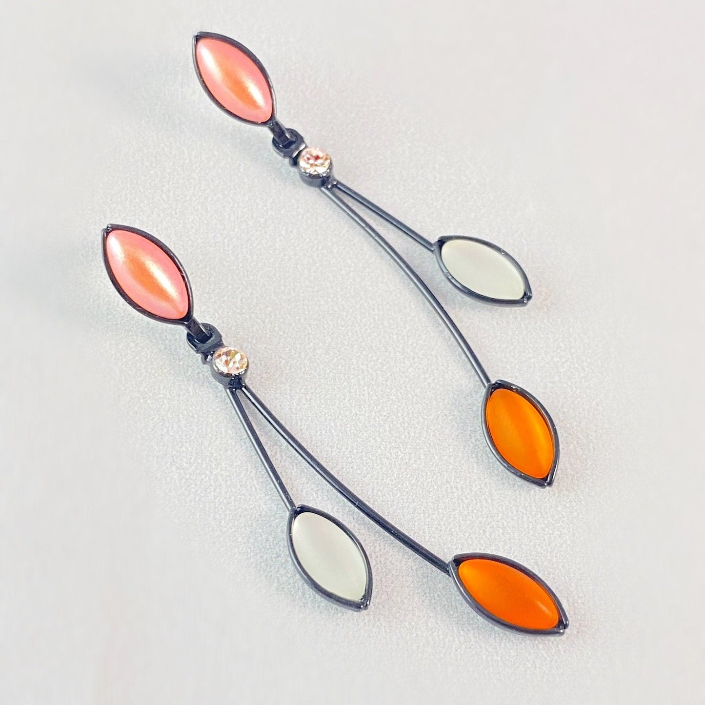 Floral Style Earrings with Black Wire and Handmade Glass Beads, Hypoallergenic, Orange/White/Pink Opal - Kristina