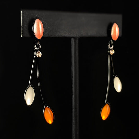 Floral Style Earrings with Black Wire and Handmade Glass Beads, Hypoallergenic, Orange/White/Pink Opal - Kristina