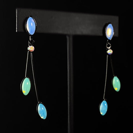 Floral Style Earrings with Black Wire and Handmade Glass Beads, Hypoallergenic, Aqua Opal/Blue Opal/Green Opal - Kristina