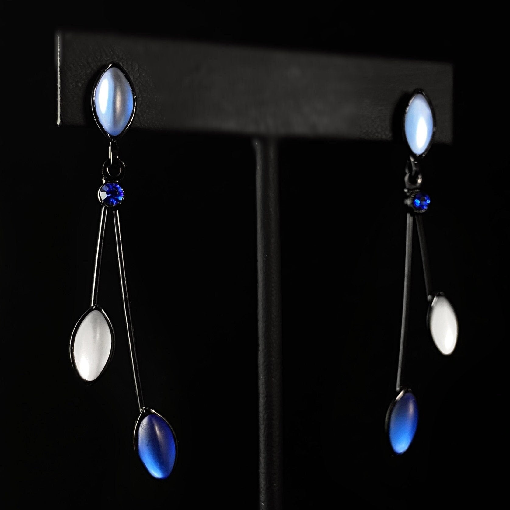 Floral Style Earrings with Black Wire and Handmade Glass Beads, Hypoallergenic, Blue/White - Kristina