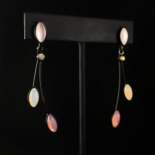 Floral Style Earrings with Black Wire and Handmade Glass Beads, Hypoallergenic, White Opal/Pink Opal - Kristina
